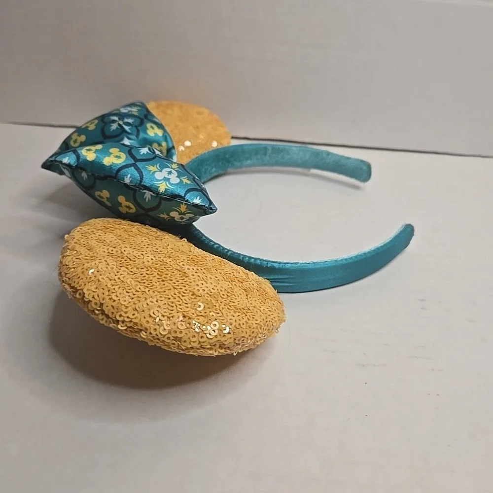 Disney Parks Minnie Mouse Ears Headband | Teal‎ Jeweled Sequin Bow | Apple Charm